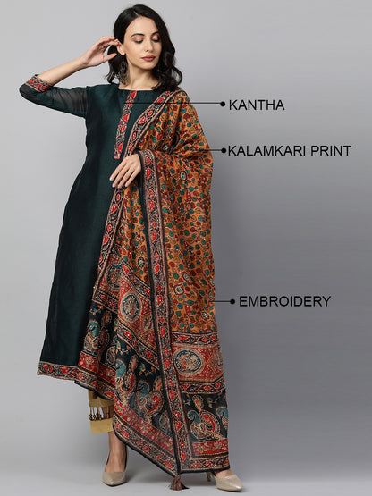 Kalamkari Printed Kurta and Dupatta with Kantha Work - Emerald Green