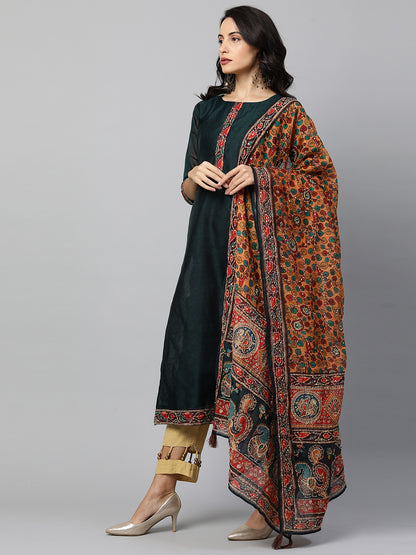 Kalamkari Printed Kurta and Dupatta with Kantha Work - Emerald Green