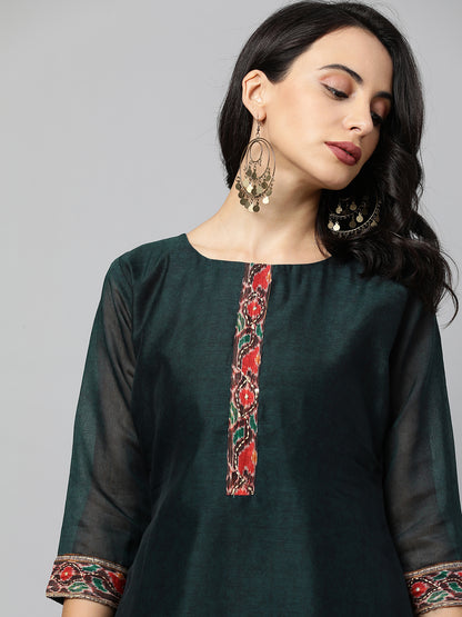 Kalamkari Printed Kurta and Dupatta with Kantha Work - Emerald Green