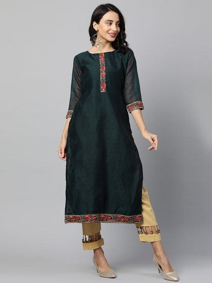 Kalamkari Printed Kurta and Dupatta with Kantha Work - Emerald Green