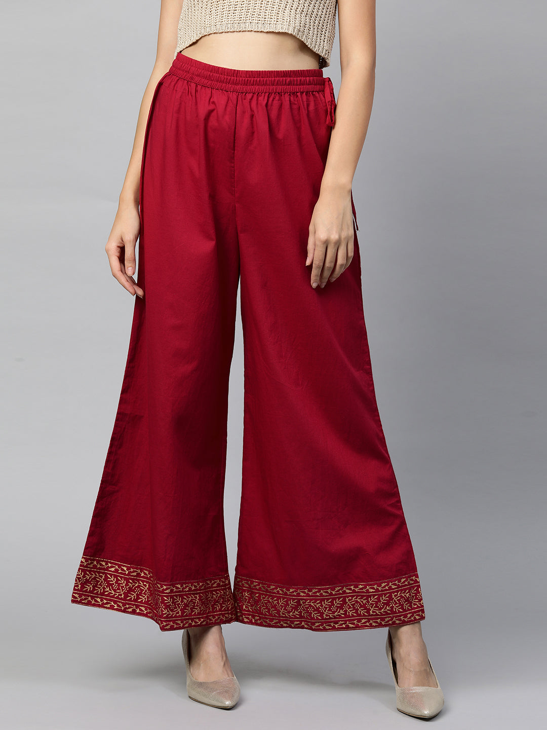 Ethnic Foil Printed Flared Palazzo - Deep Red