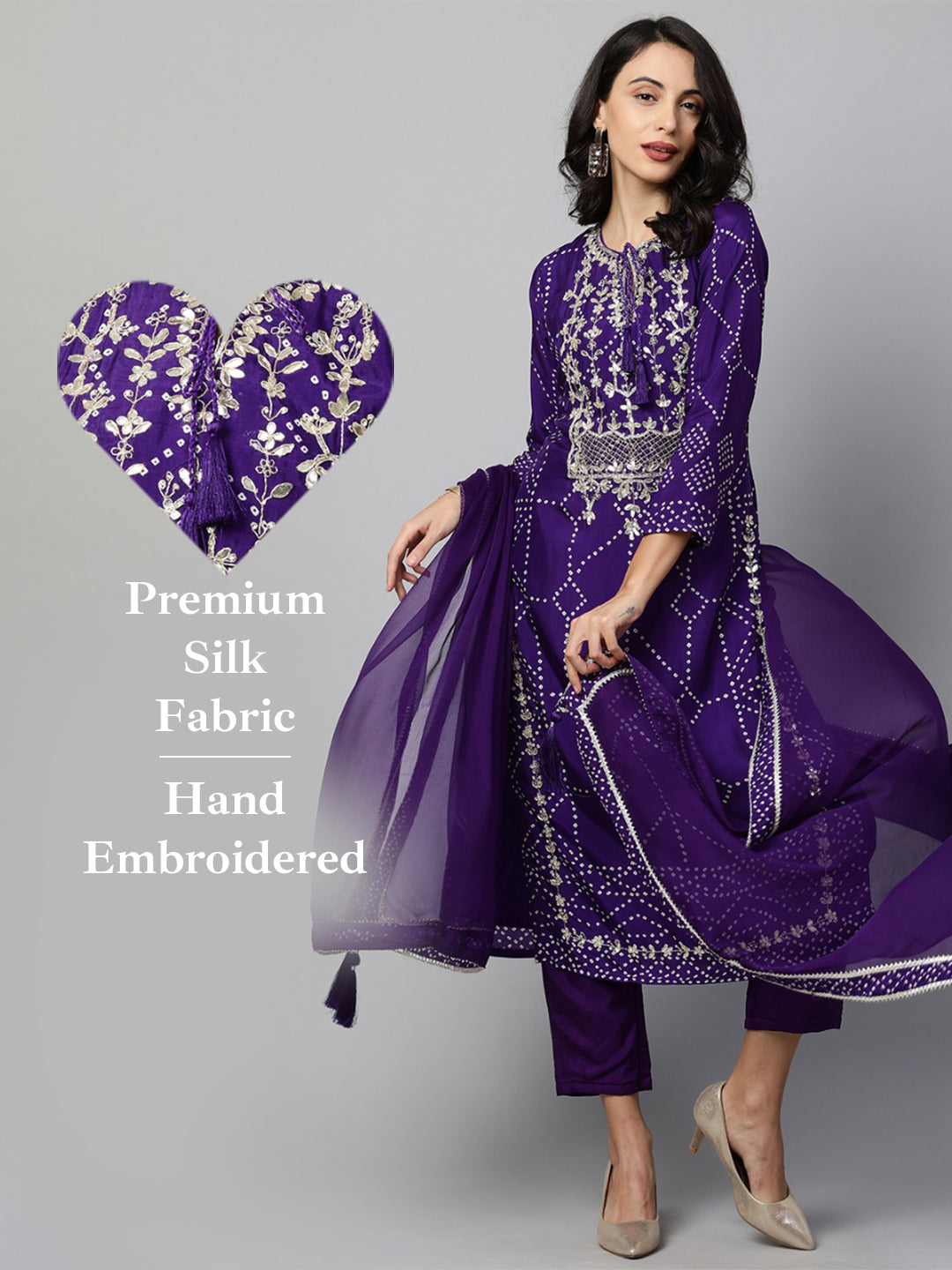 Bandhani & Gota Patti Embroidered Kurta with Solid Pant & Dupatta - Purple