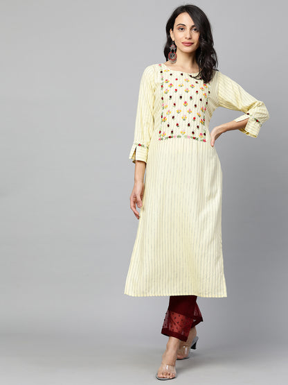 Floral Embroidered & Striped Straight Kurta with 2-Ply Mask - Pale Yellow