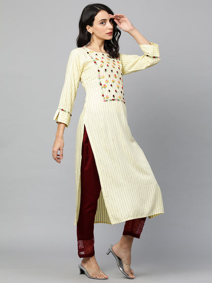 Floral Embroidered & Striped Straight Kurta with 2-Ply Mask - Pale Yellow