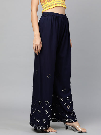 Ethnic Foil Mirror Embroidered Palazzo - Dark Blue