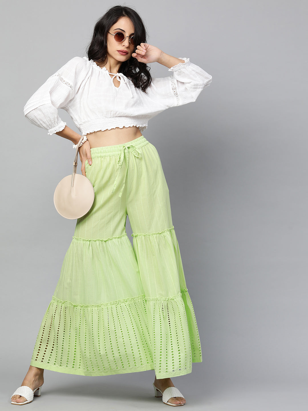 FASHOR Bottoms  Buy FASHOR Ethnic Thread Embroidered Tiered Palazzowhite  Online  Nykaa Fashion