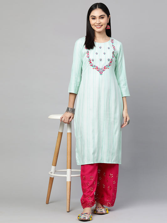 Woven Striped & Floral Embroidered Kurta - Sea Green