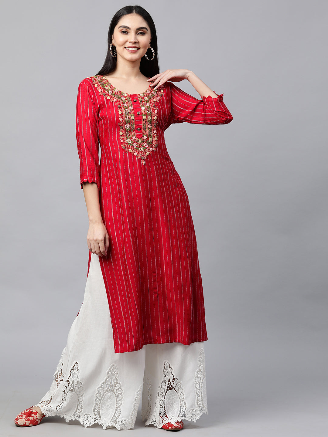 Buy Adorvii Womens Bright Red Cotton kurti in uneven cut with Bottle green  palazzo in golden print motifs at Amazonin