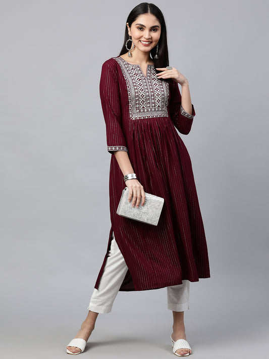 Ethnic Zari Embroidered Lurex Striped Kurta - Burgundy