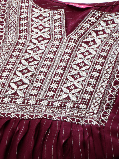 Ethnic Zari Embroidered Lurex Striped Kurta - Burgundy