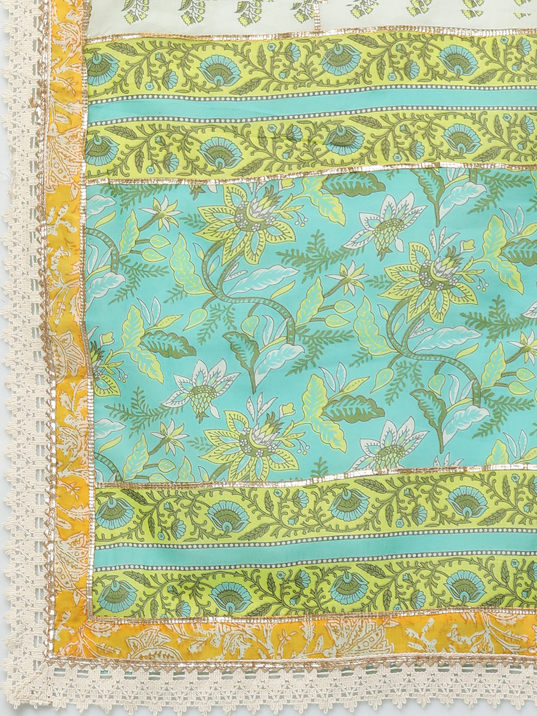 Ethnic Floral Printed Kali & Pant Set with Dupatta - Sea Green