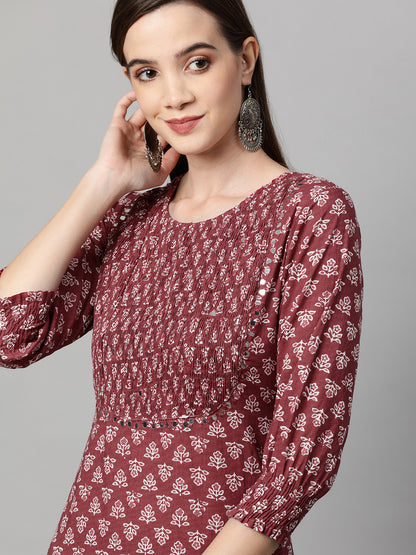 Ethnic Printed & Smocked with Pant – Rust