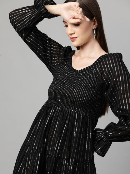 Lurex Woven Striped Smocked Dress – Black