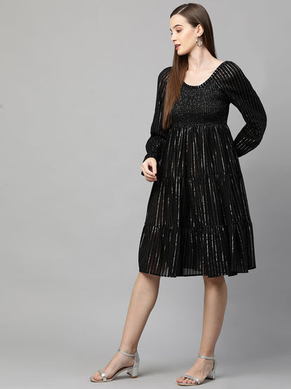Lurex Woven Striped Smocked Dress – Black