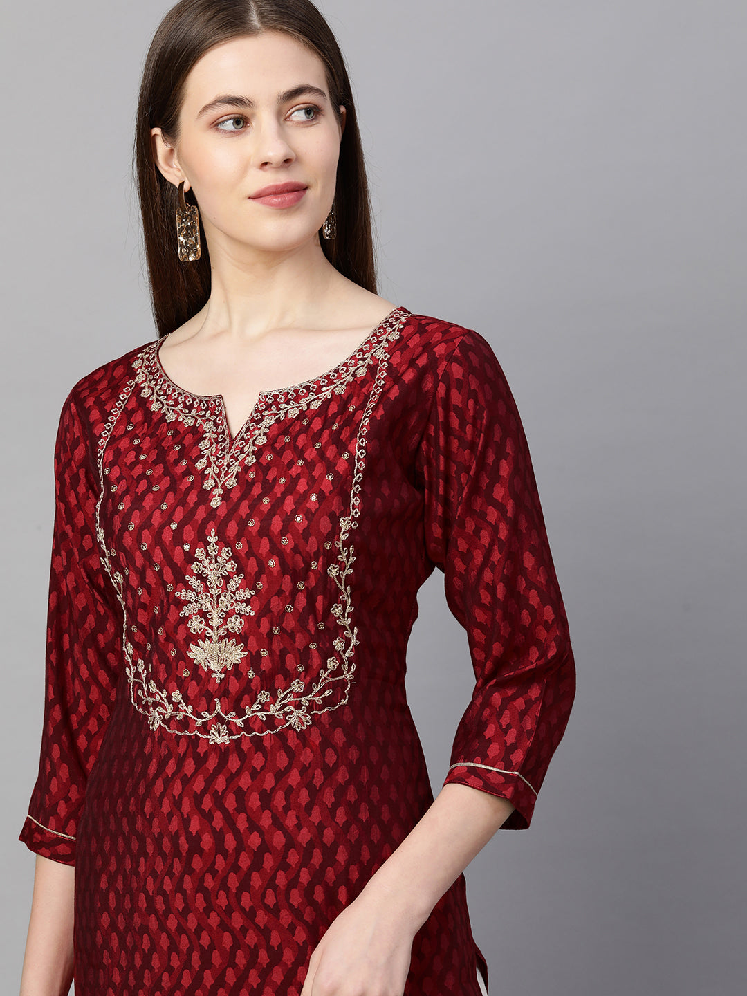 Ethnic Printed & Embroidered Straight Kurta - Garnet Red