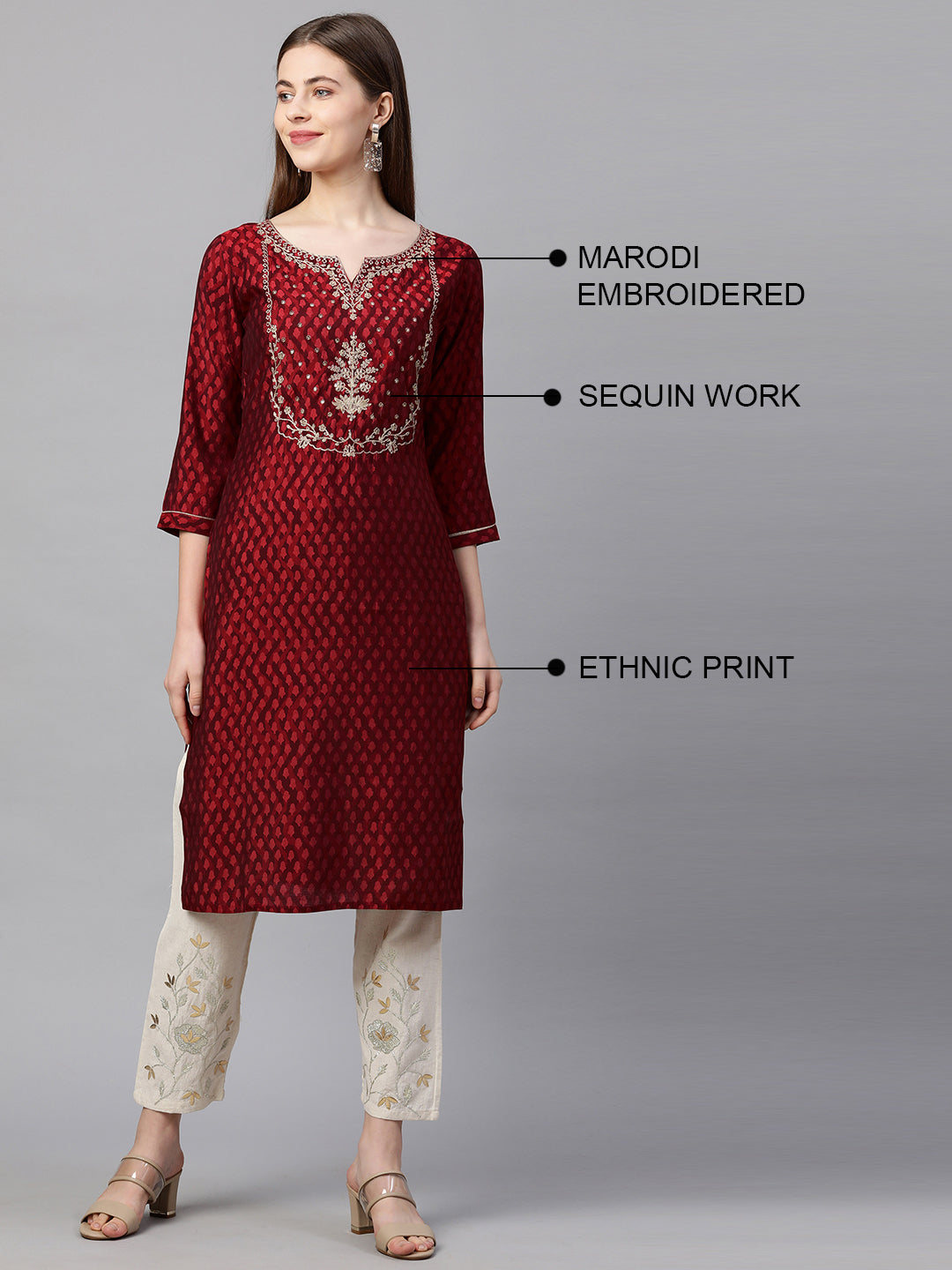 Ethnic Printed & Embroidered Straight Kurta - Garnet Red