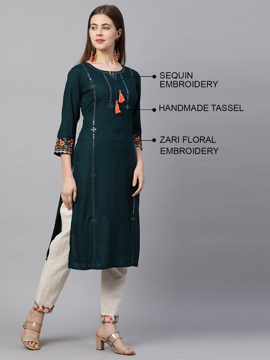 Floral & Sequin Embroidered Straight Kurta - Teal