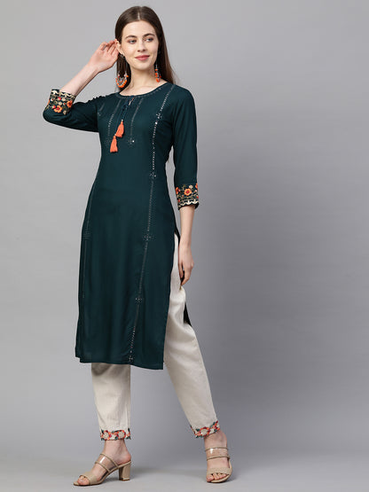 Floral & Sequin Embroidered Straight Kurta - Teal