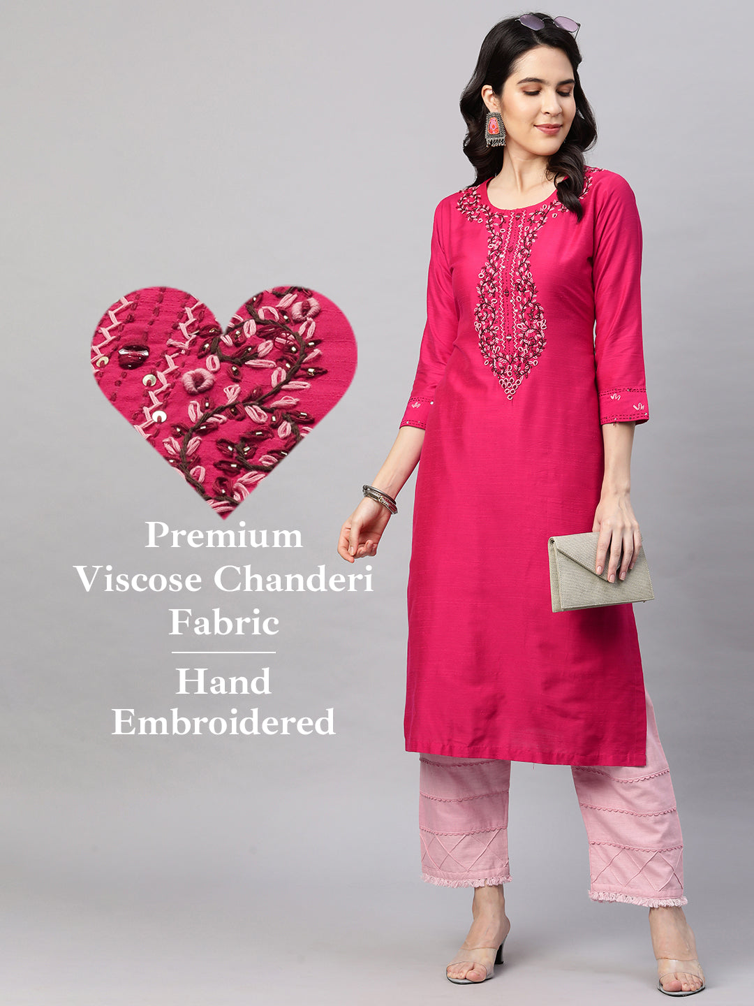 Floral Hand Embroidered Straight Kurta - Magenta Pink