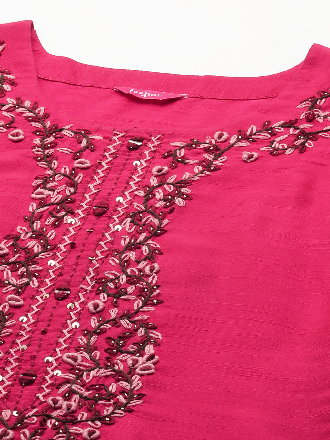 Floral Hand Embroidered Straight Kurta - Magenta Pink