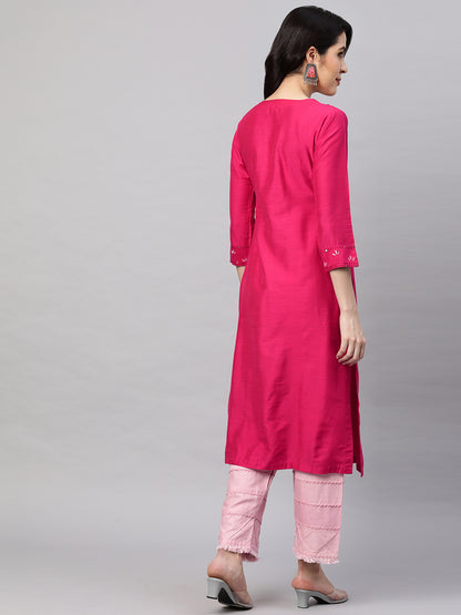 Floral Hand Embroidered Straight Kurta - Magenta Pink