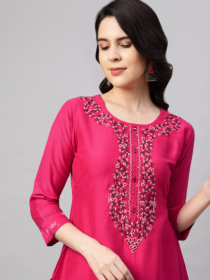 Floral Hand Embroidered Straight Kurta - Magenta Pink