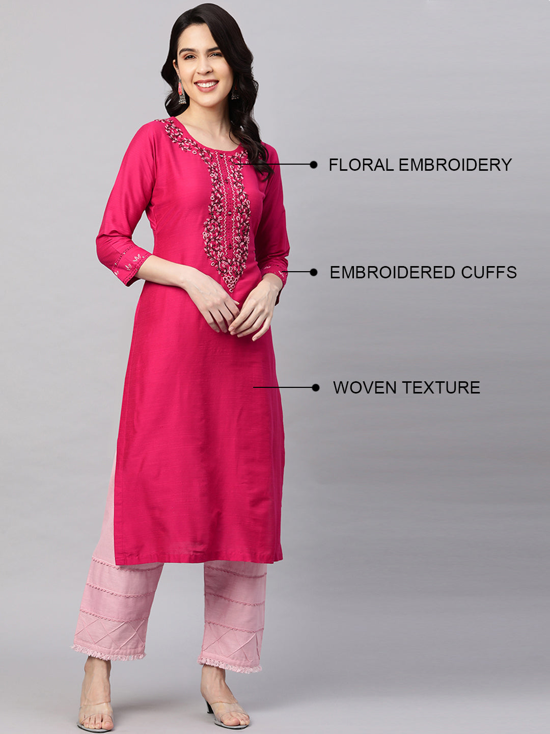 Floral Hand Embroidered Straight Kurta - Magenta Pink