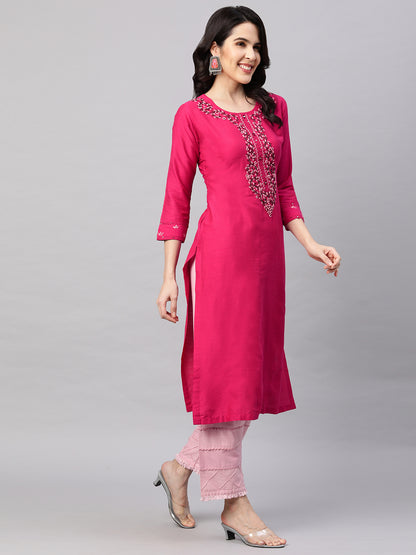 Floral Hand Embroidered Straight Kurta - Magenta Pink