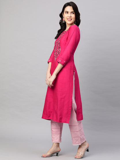 Floral Hand Embroidered Straight Kurta - Magenta Pink