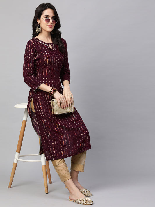Ethnic Printed & Sequin Embellished Kurta - Burgundy