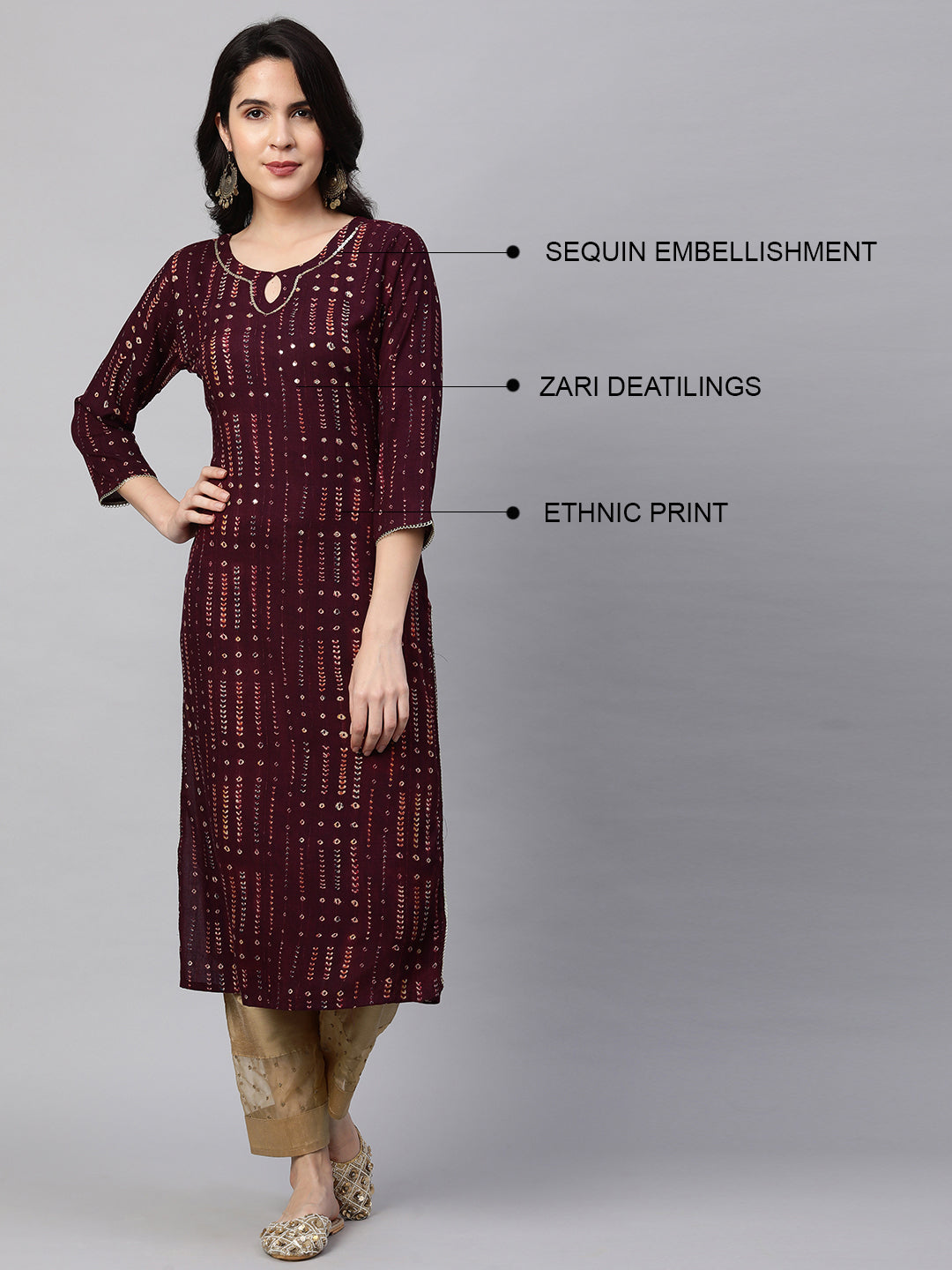 Ethnic Printed & Sequin Embellished Kurta - Burgundy