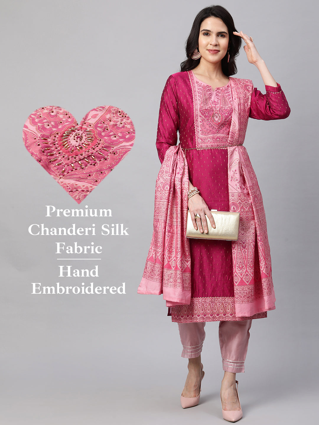 Zari Woven Kurta with Printed Dupatta - Ruby Pink