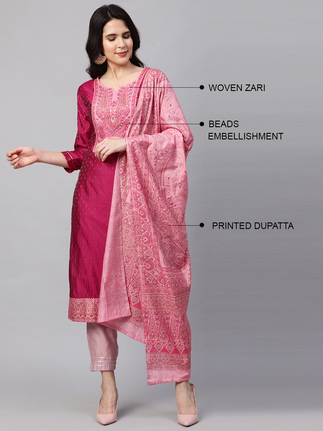 Zari Woven Kurta with Printed Dupatta - Ruby Pink