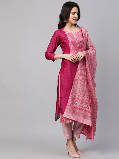 Zari Woven Kurta with Printed Dupatta - Ruby Pink