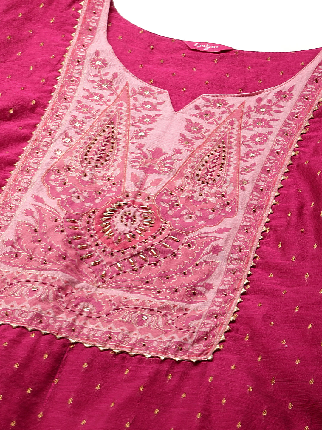 Zari Woven Kurta with Printed Dupatta - Ruby Pink