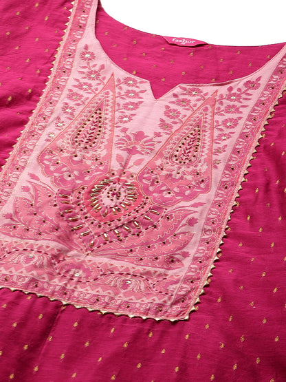 Zari Woven Kurta with Printed Dupatta - Ruby Pink