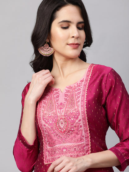 Zari Woven Kurta with Printed Dupatta - Ruby Pink