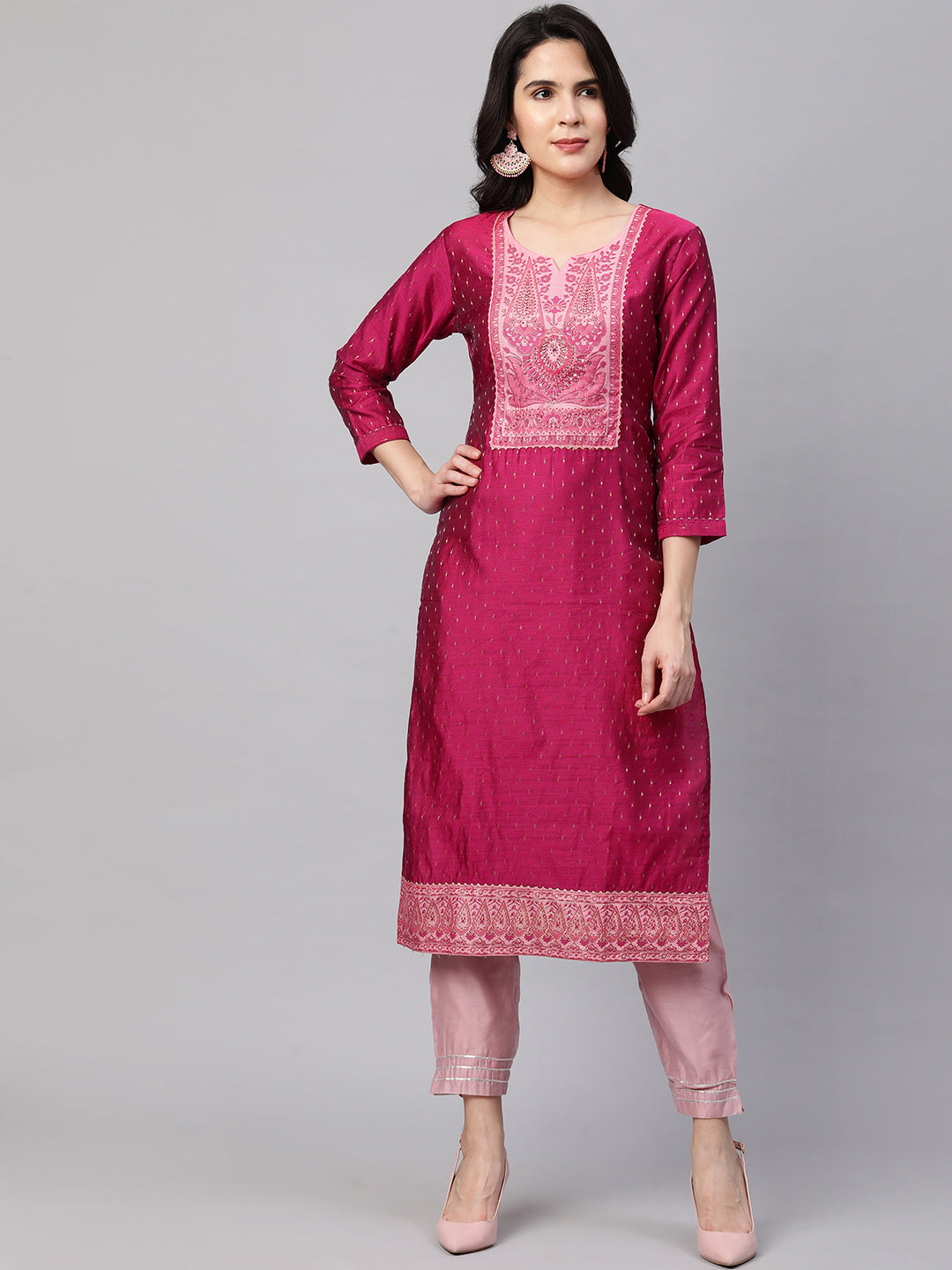 Zari Woven Kurta with Printed Dupatta - Ruby Pink