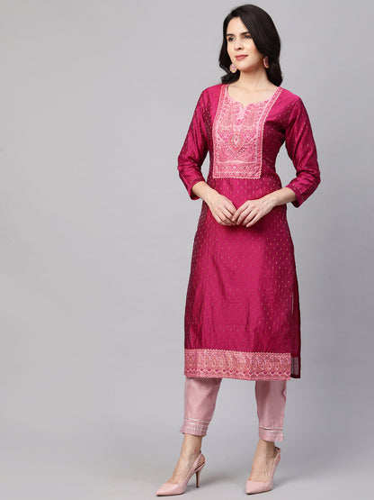 Zari Woven Kurta with Printed Dupatta - Ruby Pink