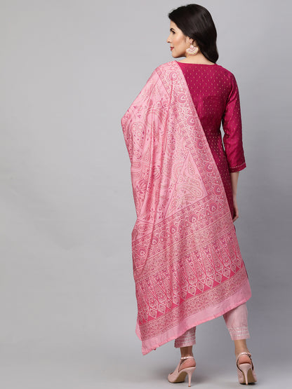 Zari Woven Kurta with Printed Dupatta - Ruby Pink