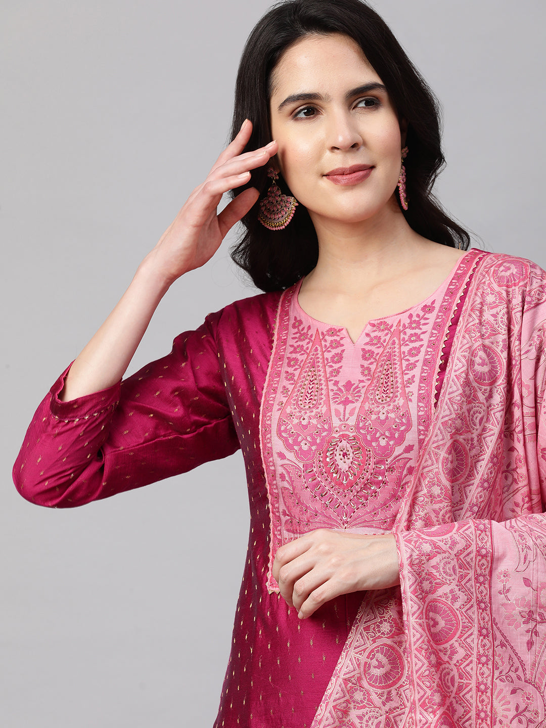 Zari Woven Kurta with Printed Dupatta - Ruby Pink