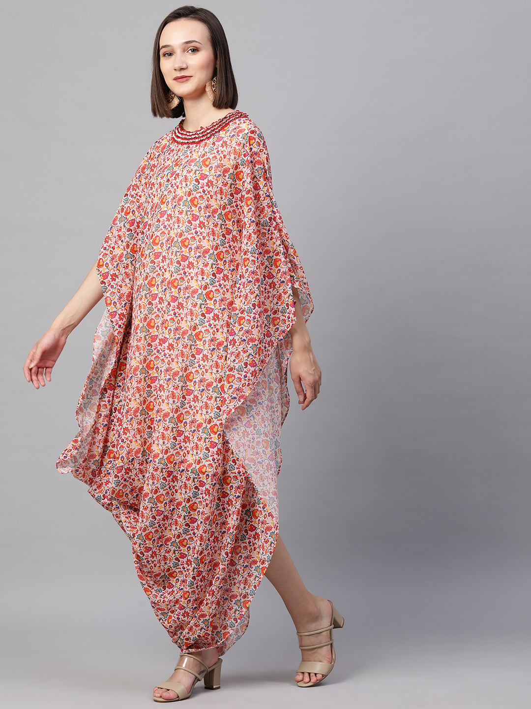 Colorful Jaal Printed Cowl Draped Dress - Peach