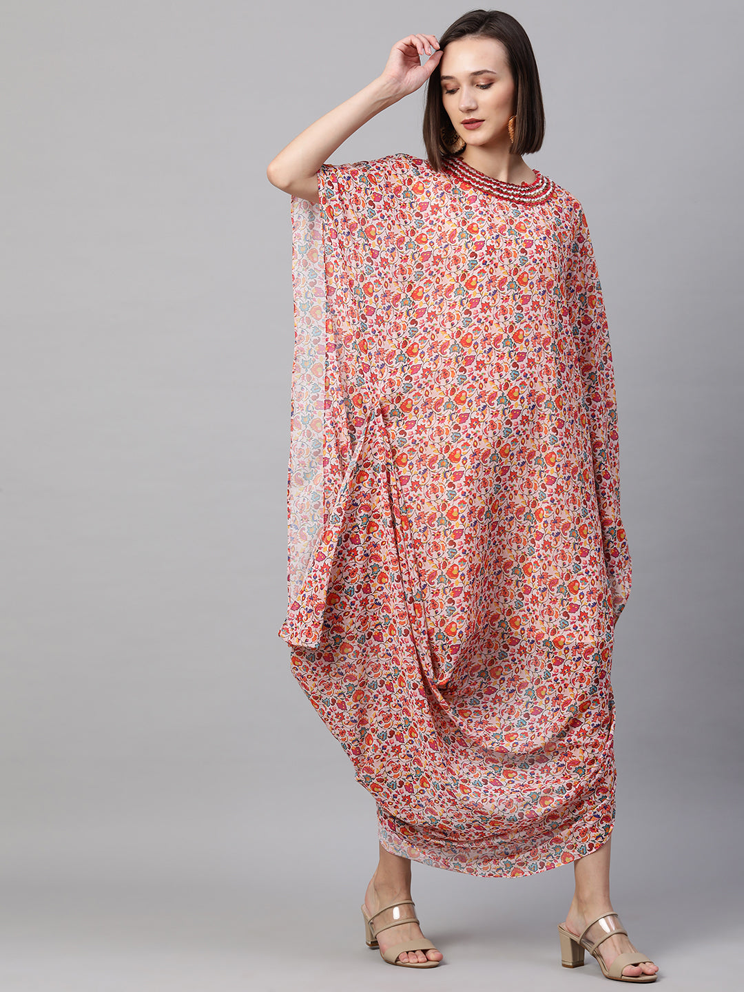 Colorful Jaal Printed Cowl Draped Dress - Peach