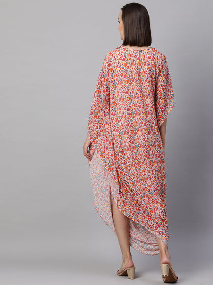 Colorful Jaal Printed Cowl Draped Dress - Peach