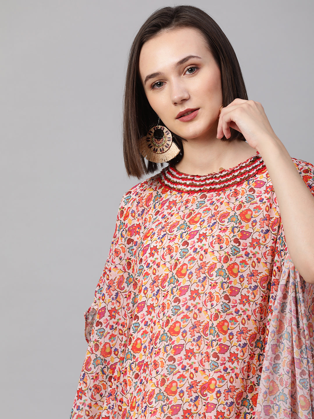 Colorful Jaal Printed Cowl Draped Dress - Peach