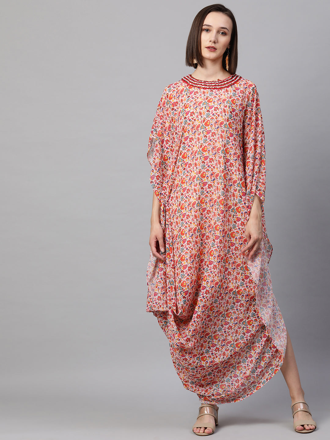 Colorful Jaal Printed Cowl Draped Dress - Peach