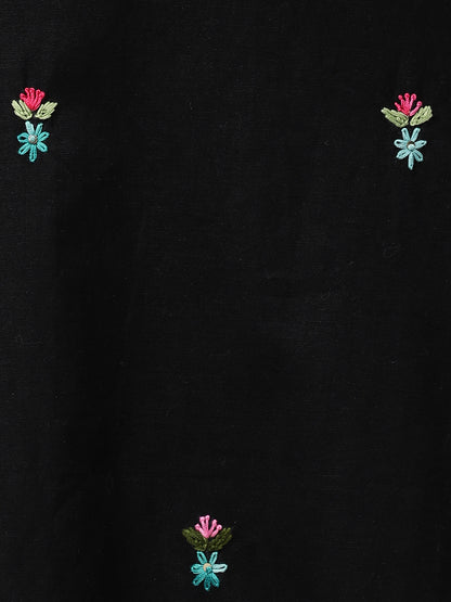 Floral Embroidered Kurta and Striped Pant - Black