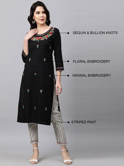 Floral Embroidered Kurta and Striped Pant - Black
