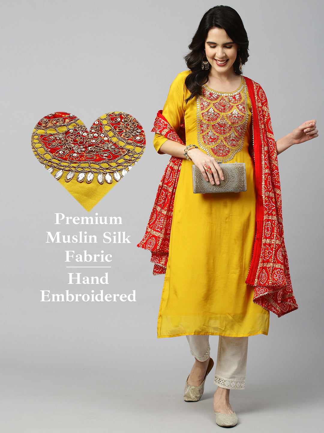 Festive Embroidered Kurta and Bandhani Dupatta - Festive Yellow
