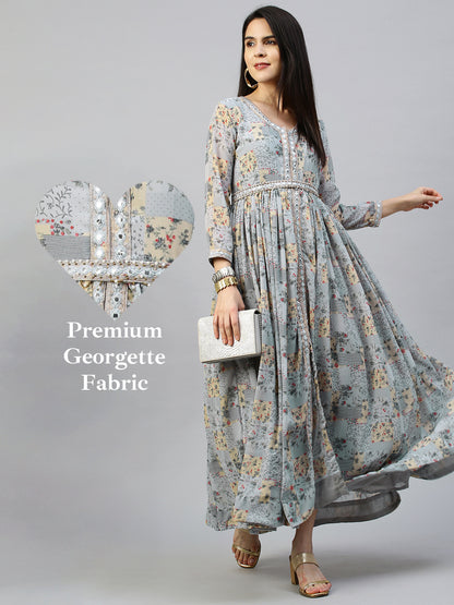 Floral Printed Dress with Embroidered Belt - Powder Blue